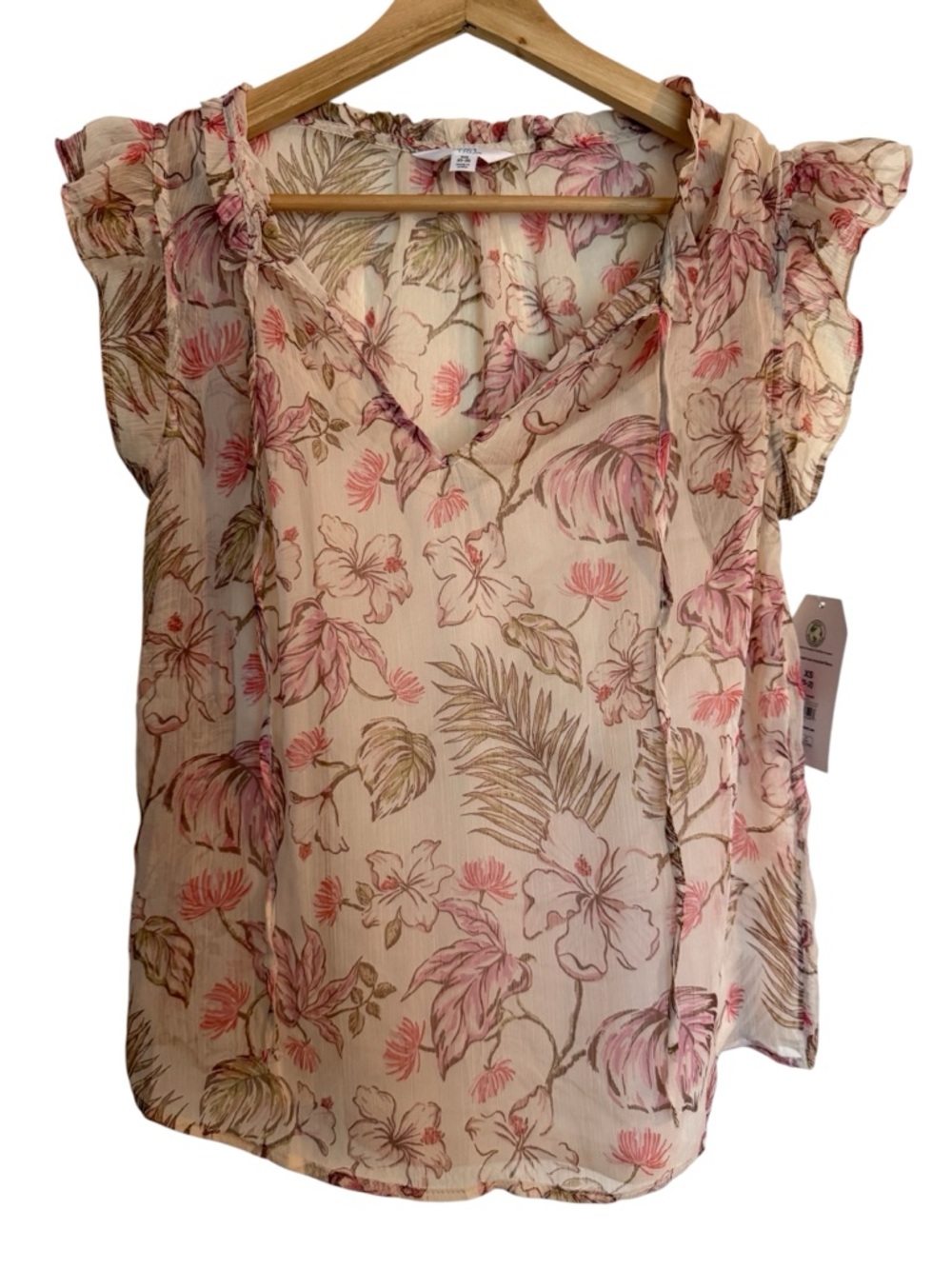 Time & Tru Floral V-Neck Ruffle Sleeve Blouse - Cream with Pink & Green Floral